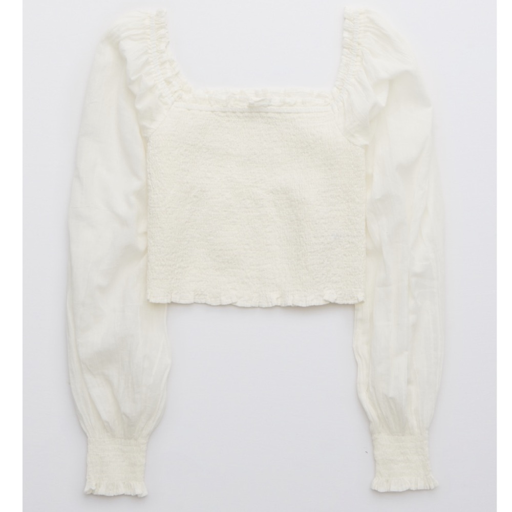 Aerie Long Sleeve Pretty Smocked Top XS Soft Muslin/Ivory
